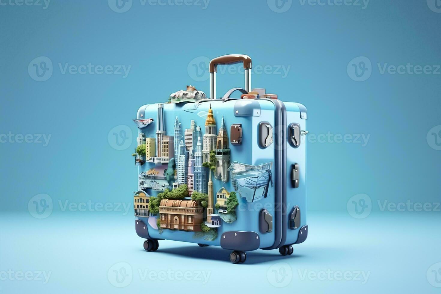 AI generated Blue suitcase full of landmarks and travel accessories on blue background. Generative AI photo