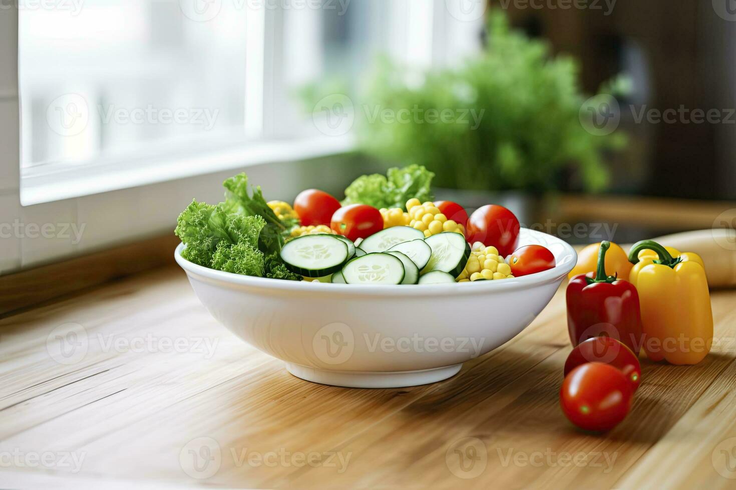 ai generado cocina todavía vida con blanco cuenco de lavado vegetales en de madera escritorio. ai generado foto