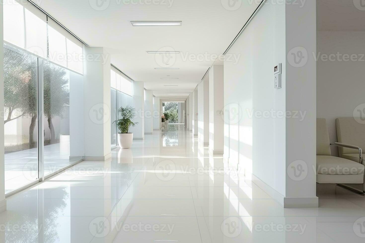 AI generated Interior design of a modern luxurious white building corridor or hallway with waiting seat. AI Generated photo