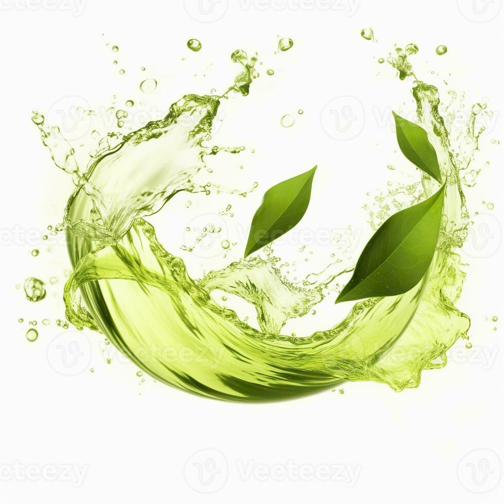 AI generated Green herbal tea wave splash with leaves flow. AI Generated photo