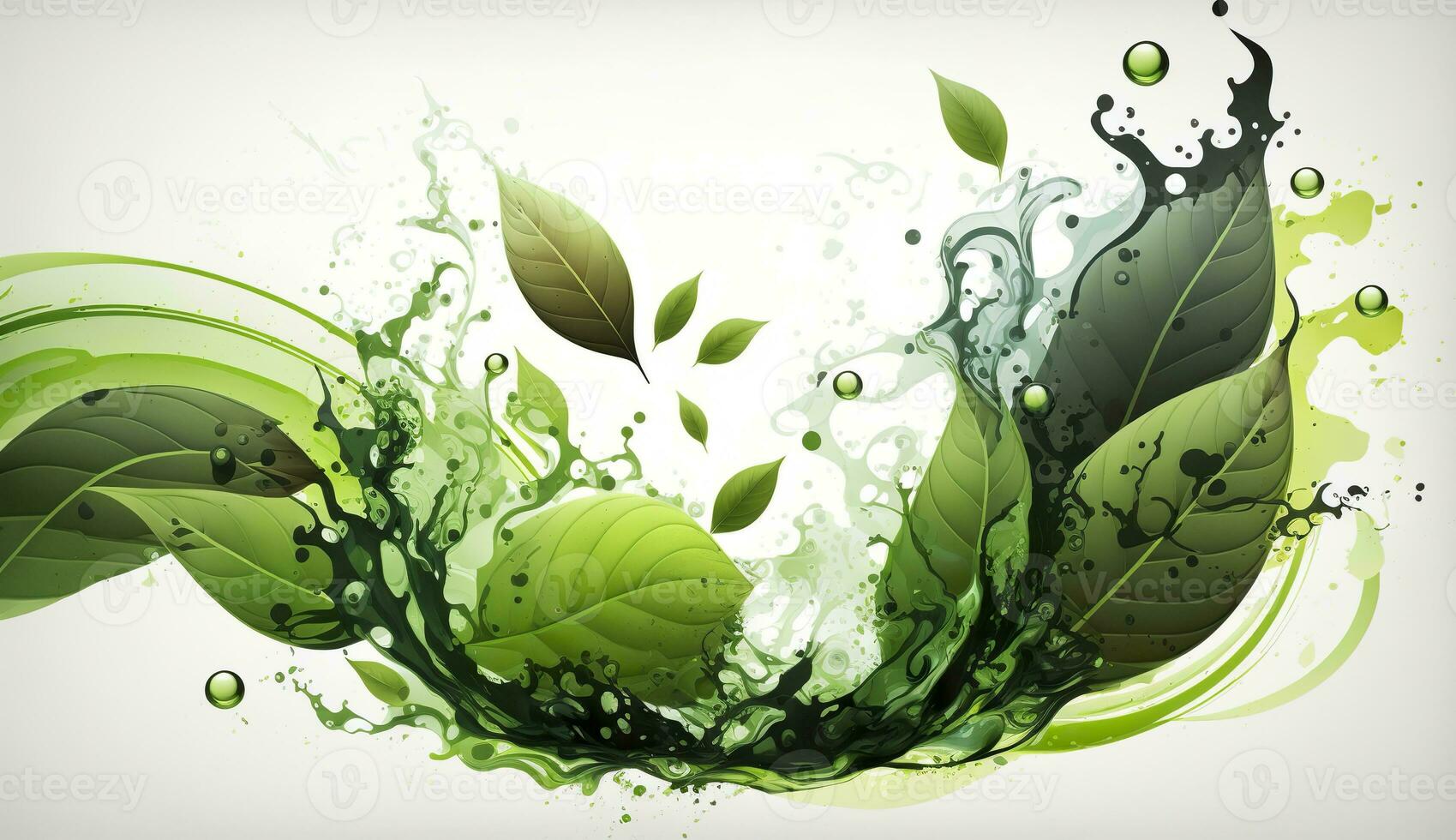 AI generated Green herbal tea wave splash with leaves flow. AI Generated photo