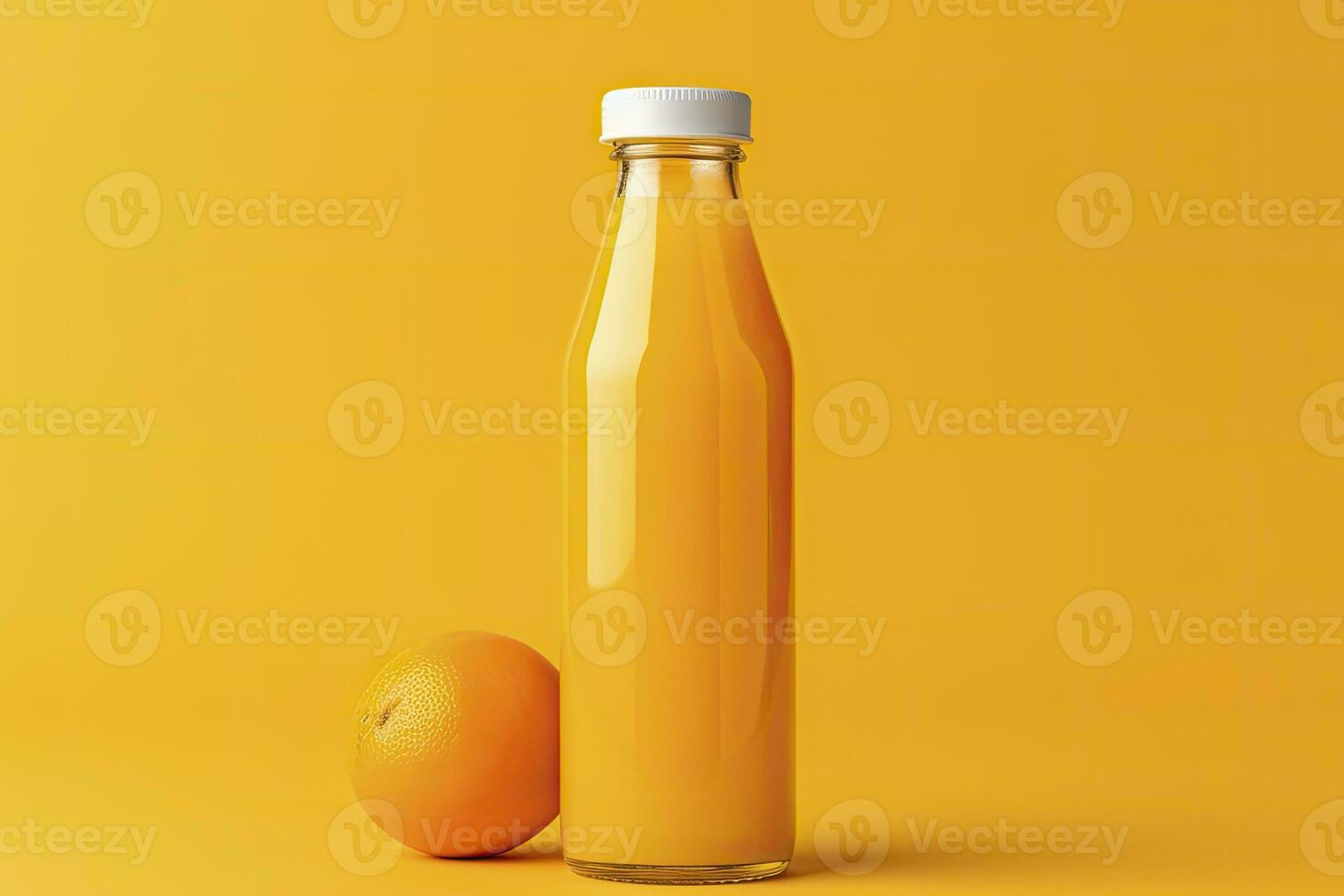 AI generated Orange Juice bottle on orange background. AI Generated photo