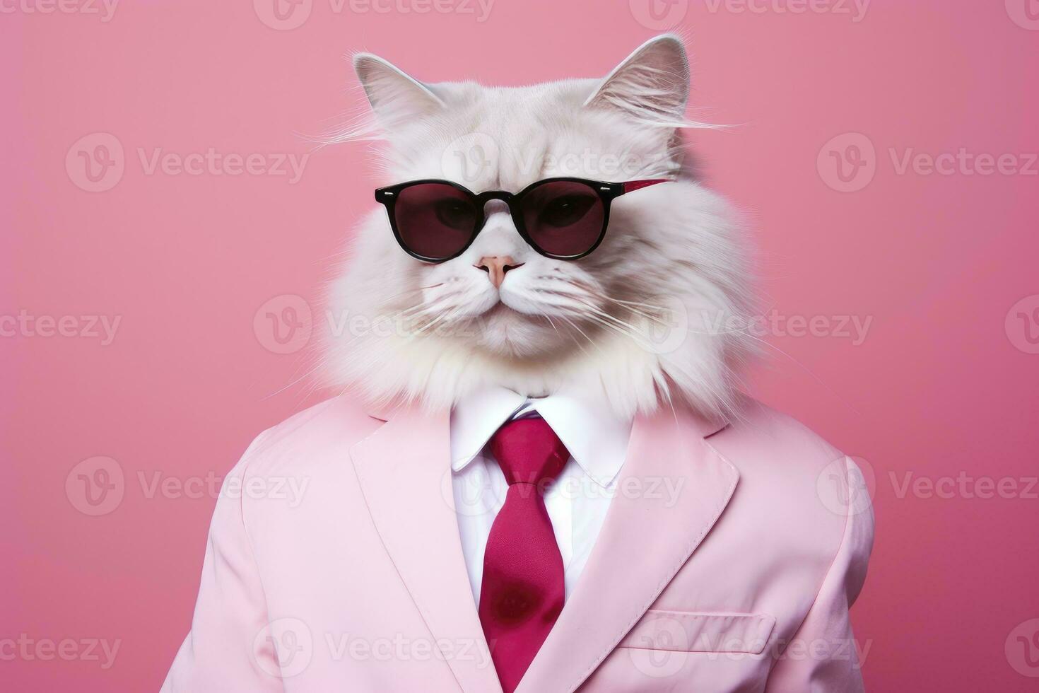 AI generated A cat is wearing sunglasses and suit on Pink Background. AI Generated photo