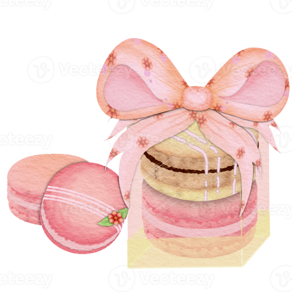 Strawberry flavored macarons in a clear box png