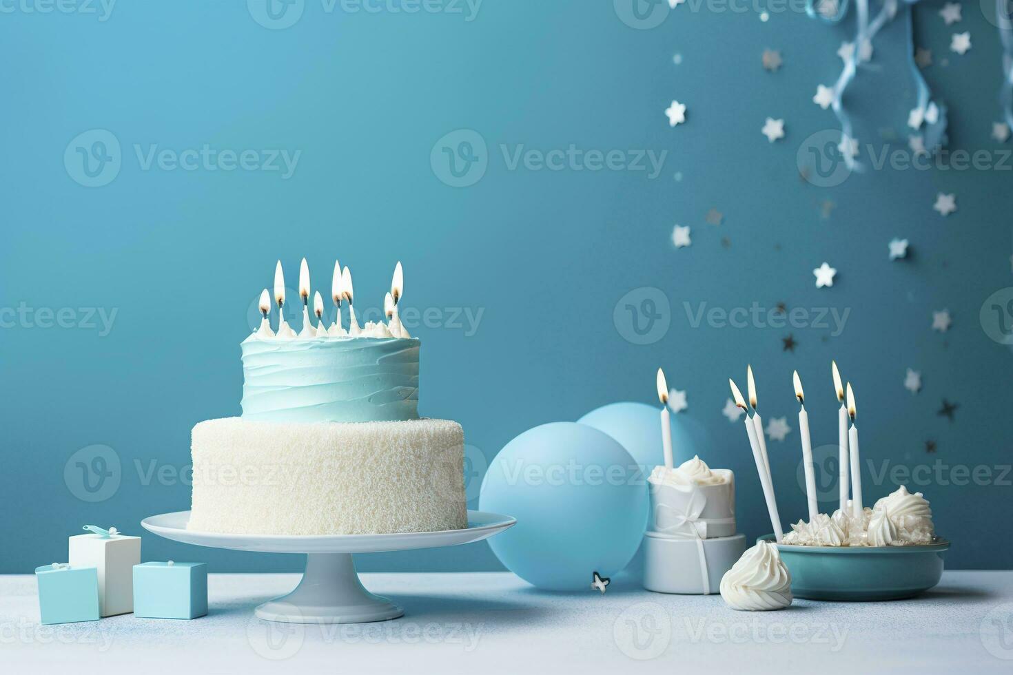 AI generated Birthday cake with candles and sweets on white table near blue wall. Generative AI photo