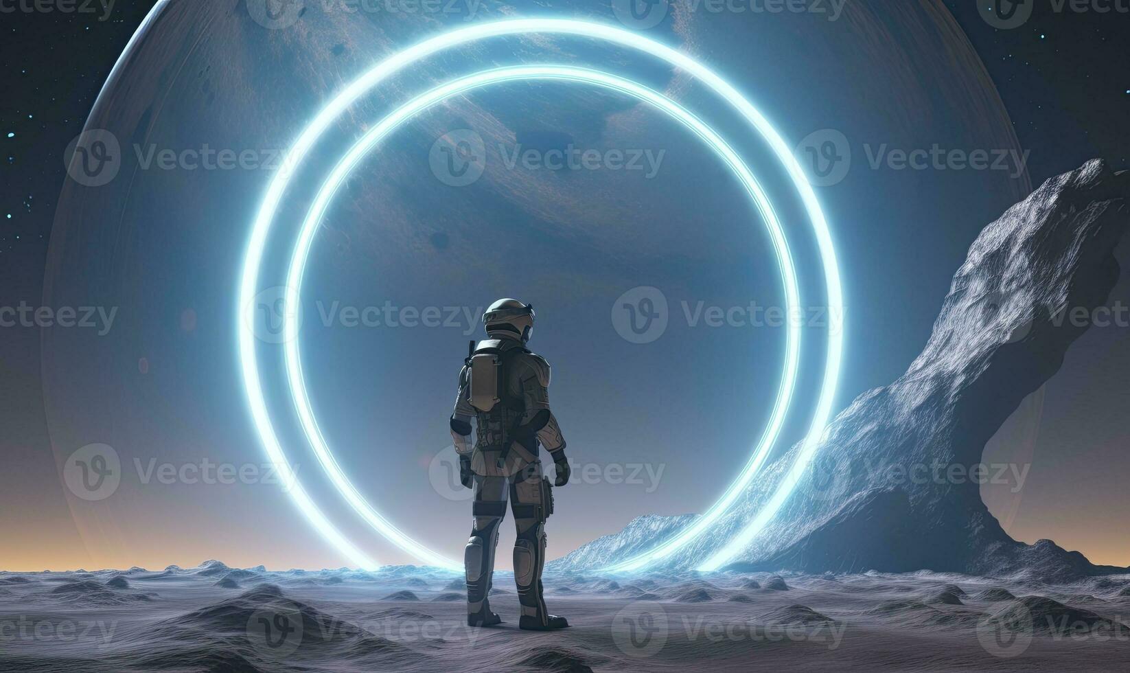 AI generated Astronaut in front of dimensional portal.  AI Generated. photo