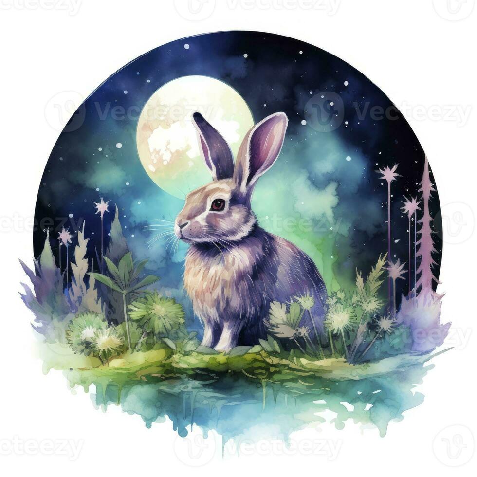 AI generated Watercolor Rabbit and Glowing Moon for T-shirt Design. AI Generated photo