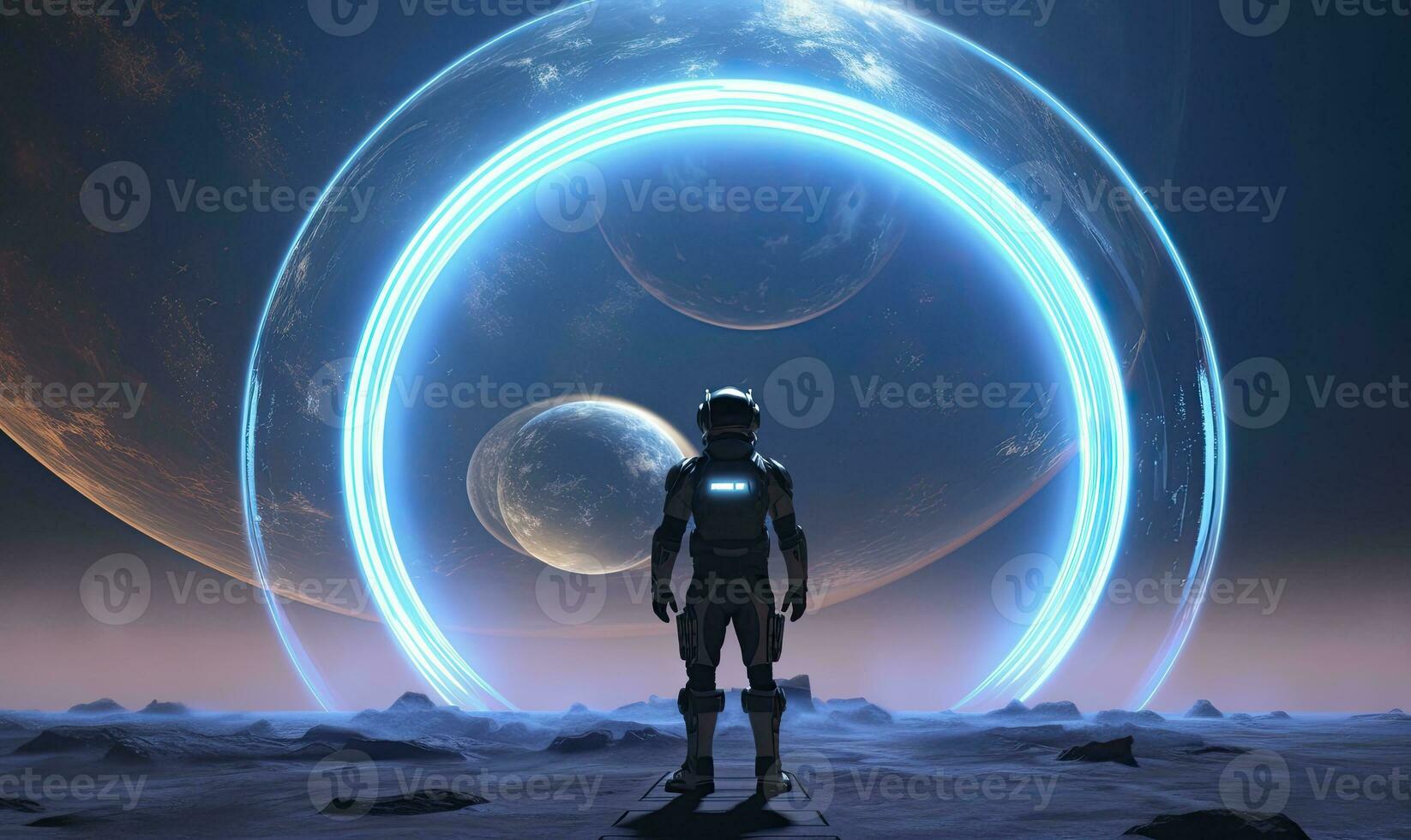 AI generated Astronaut in front of dimensional portal.  AI Generated. photo