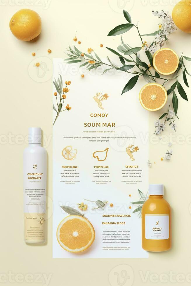 AI generated Beautiful flyer to present a store that sells products, body care, soap, cream, oil. Generative AI photo