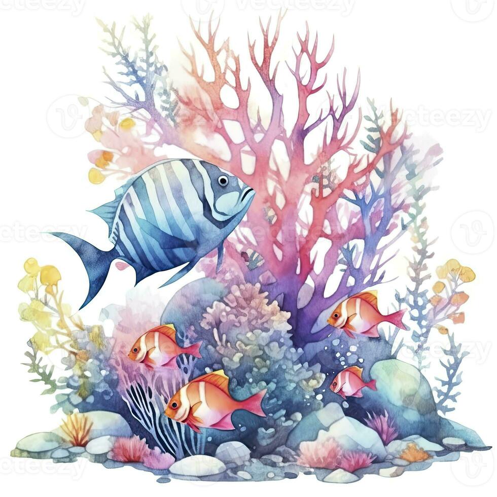 AI generated Underwater Sea element in watercolor on the white background. AI Generated photo