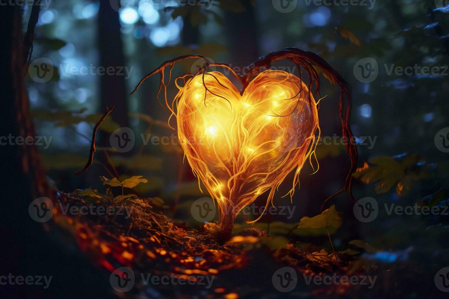 ai generado brillante bioluminiscente planta conformado me gusta un humano corazón, en un misterioso bosque. generativo ai foto