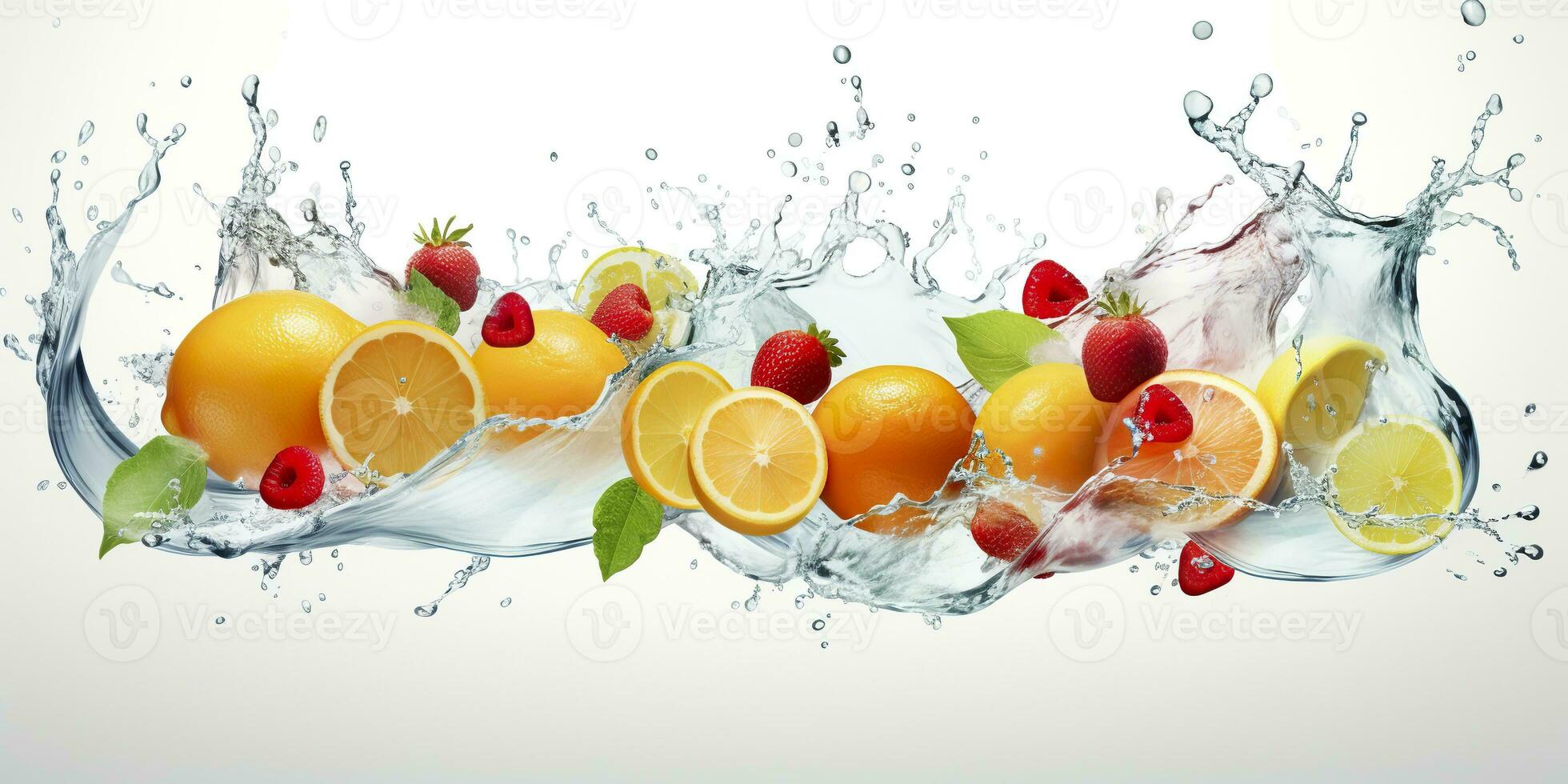 AI generated Swirl water splash with fruits. liquid flow with ice cubes and a mix of fresh fruits. Generative AI photo