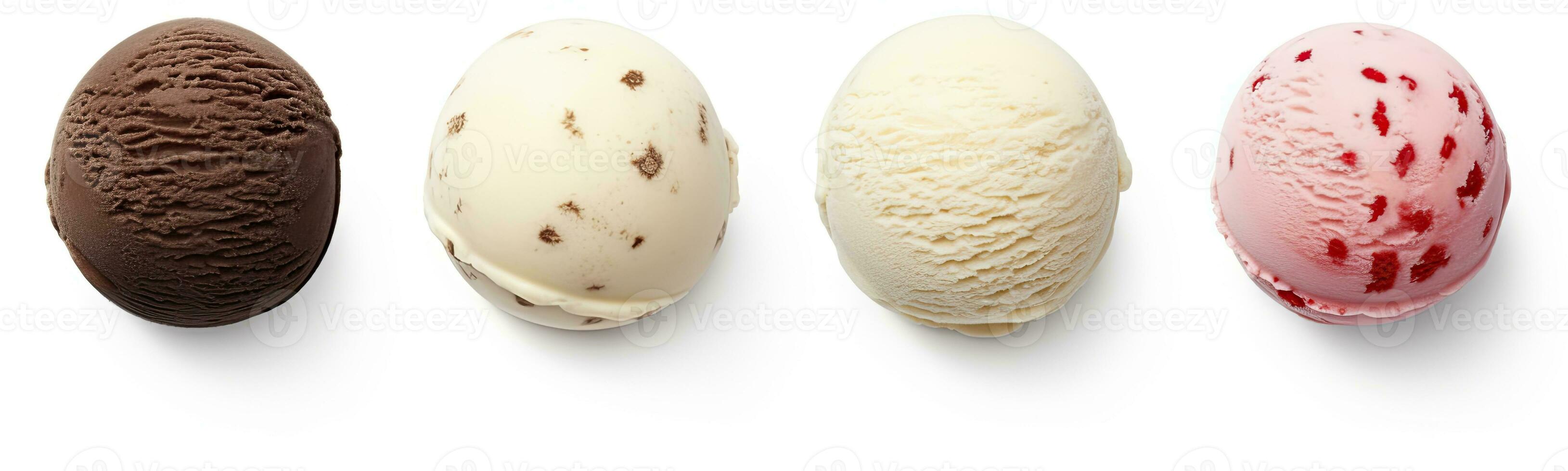 AI generated Set of four various ice cream balls or scoops isolated on white background. AI Generated photo