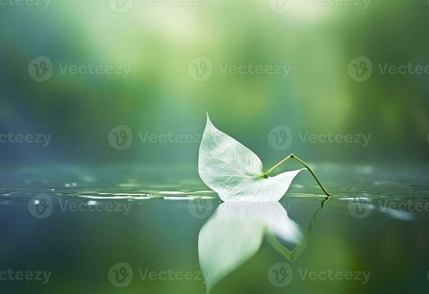 AI generated White transparent leaf on mirror surface with reflection on green background macro. Generative AI photo