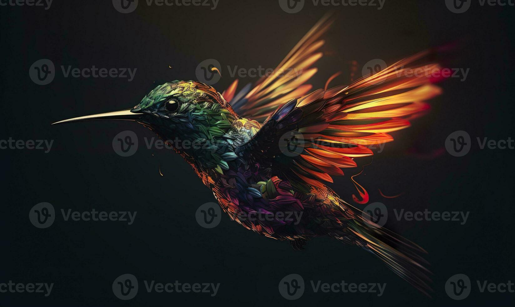 AI generated hummingbird logo with multiple colors flying through the air.  AI Generated photo