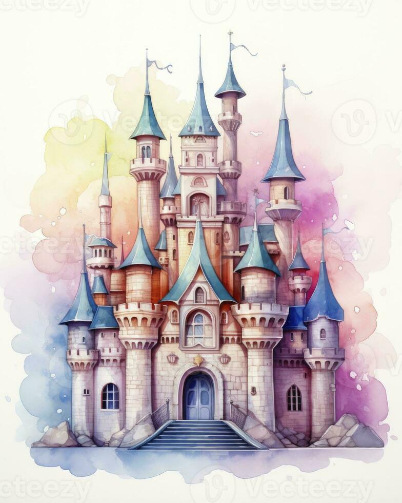 AI generated Colorful watercolor kawaii castle isolated on white background. AI Generated photo