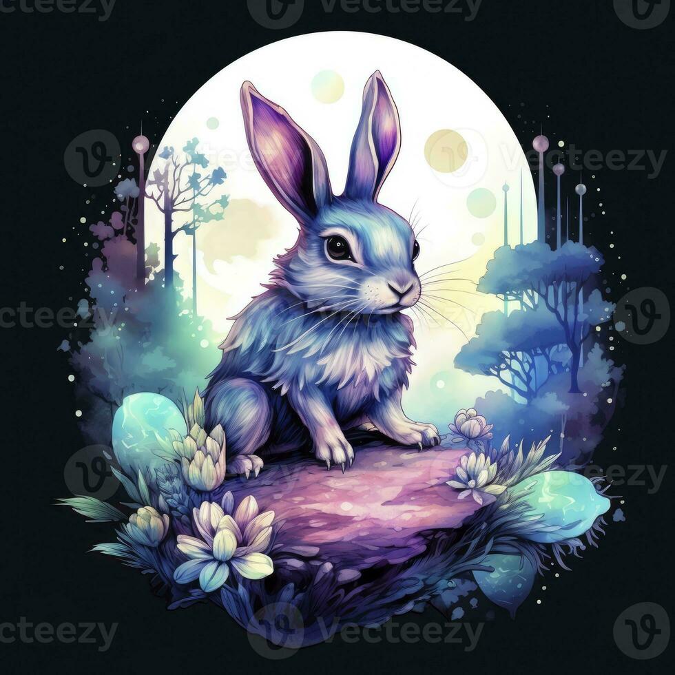 AI generated Watercolor Rabbit and Glowing Moon for T-shirt Design. AI Generated photo