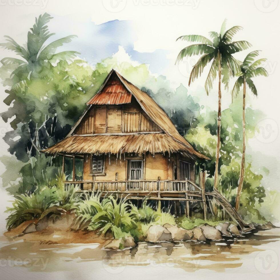 AI generated A watercolored bright serene image of a traditional bahay kubo. AI Generated photo