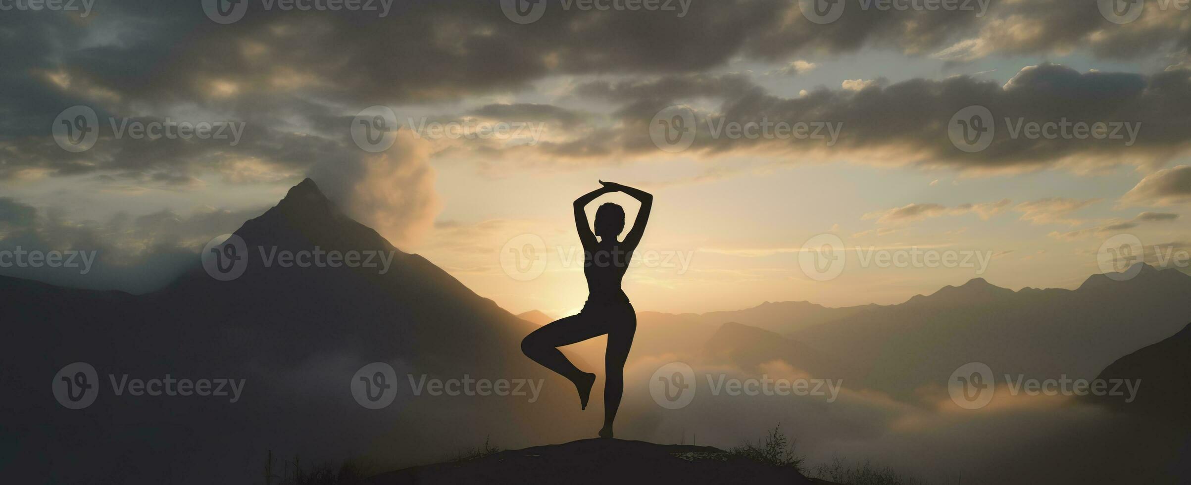 AI generated silhouette of a woman practicing yoga in the summit with mountain Background. AI Generated photo