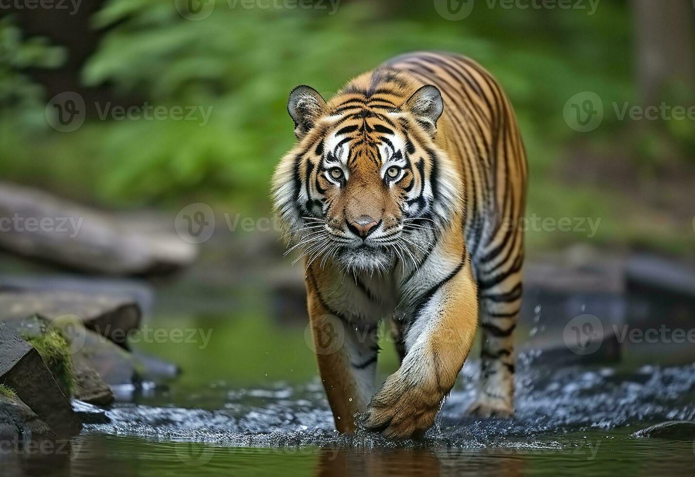 AI generated Amur tiger walking in the water. Dangerous animal.  Animal in a green forest stream. Generative AI photo