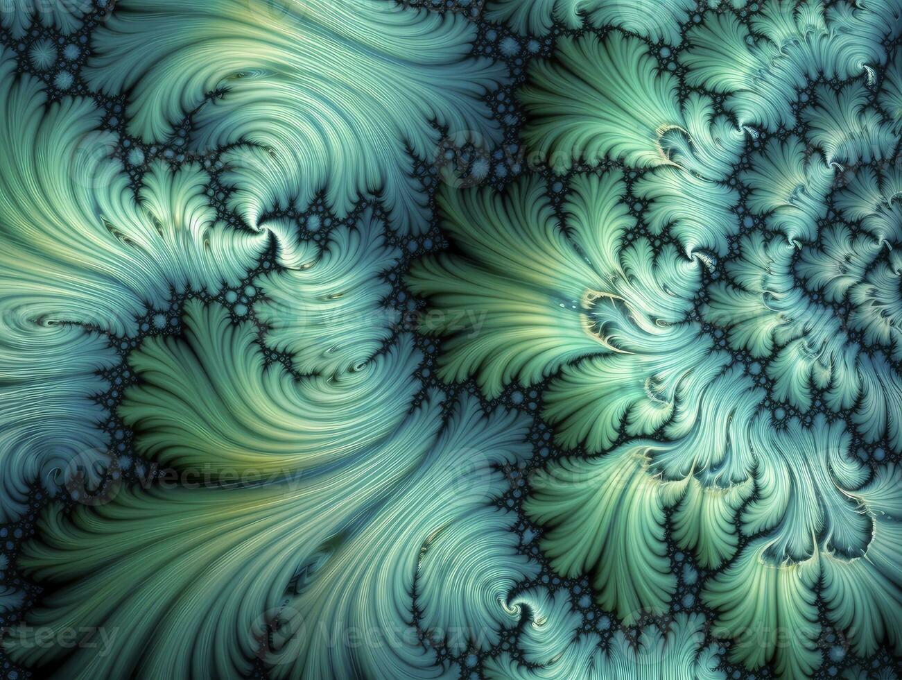 AI generated Aqua and Green psychedelic fractal.  AI Generated photo