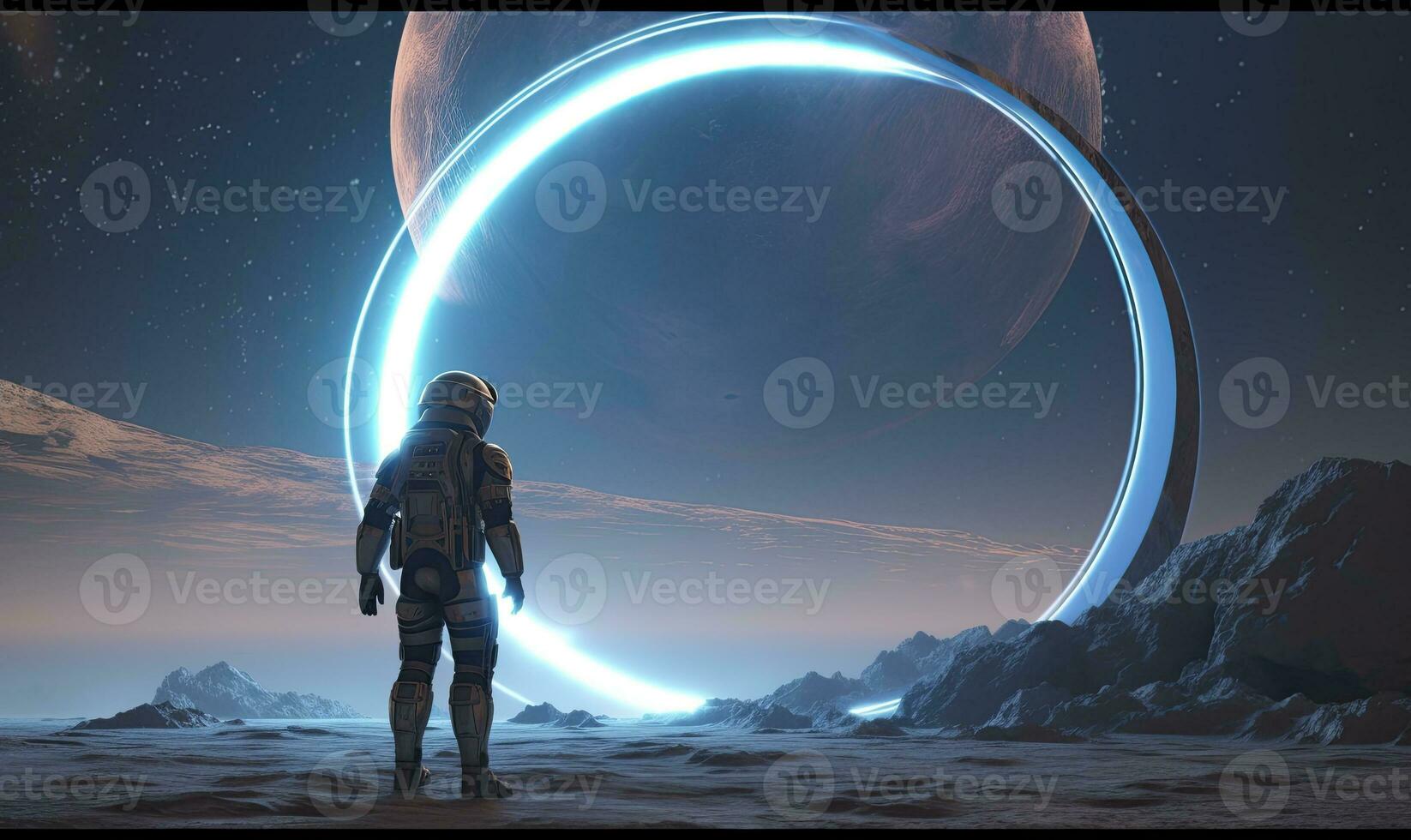 AI generated Astronaut in front of dimensional portal.  AI Generated. photo