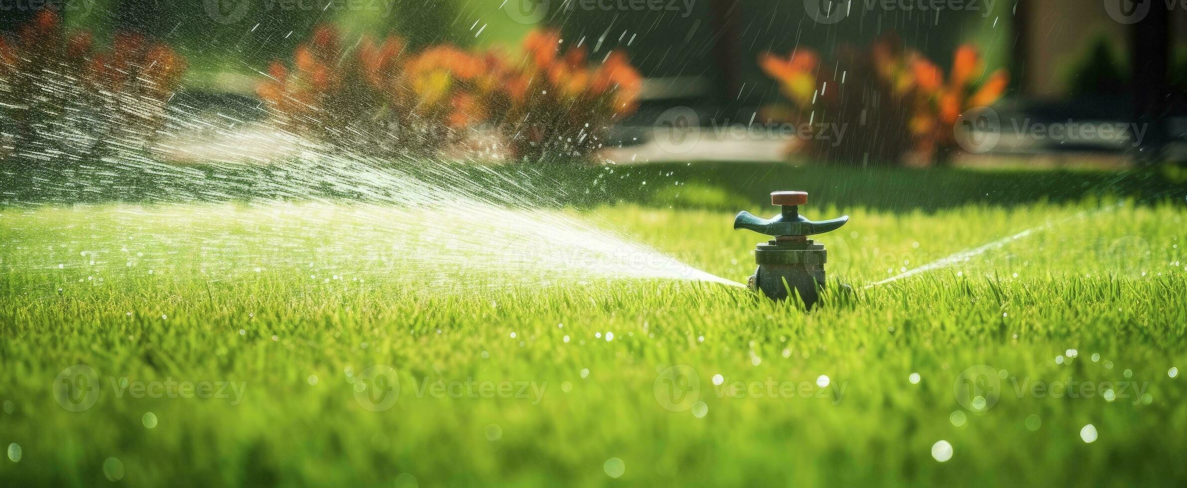 AI generated Automatic garden lawn sprinkler in action watering grass. AI Generated photo