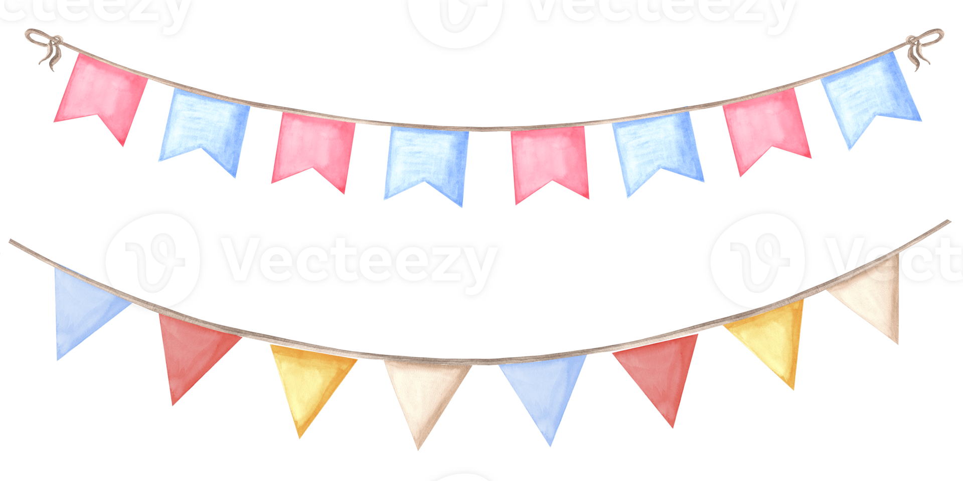 Watercolor garlands of pennants and flags. Template of festive illustration for birthday and kids party decoration, isolated. Hand drawn clipart for invitations and cards, wedding background, sticker. png