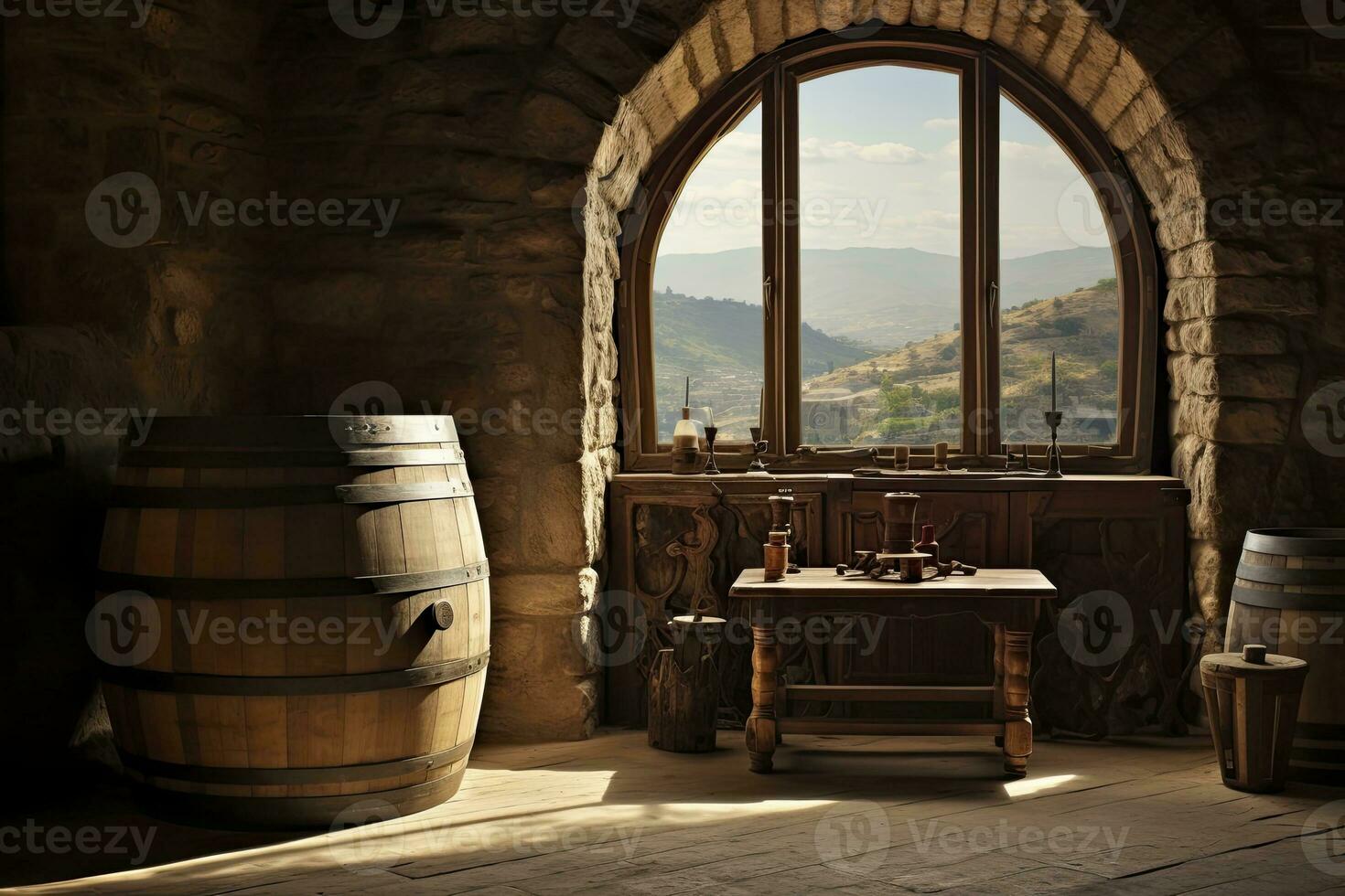 AI generated Barrel in an ancient castle beside the window. AI Generated photo