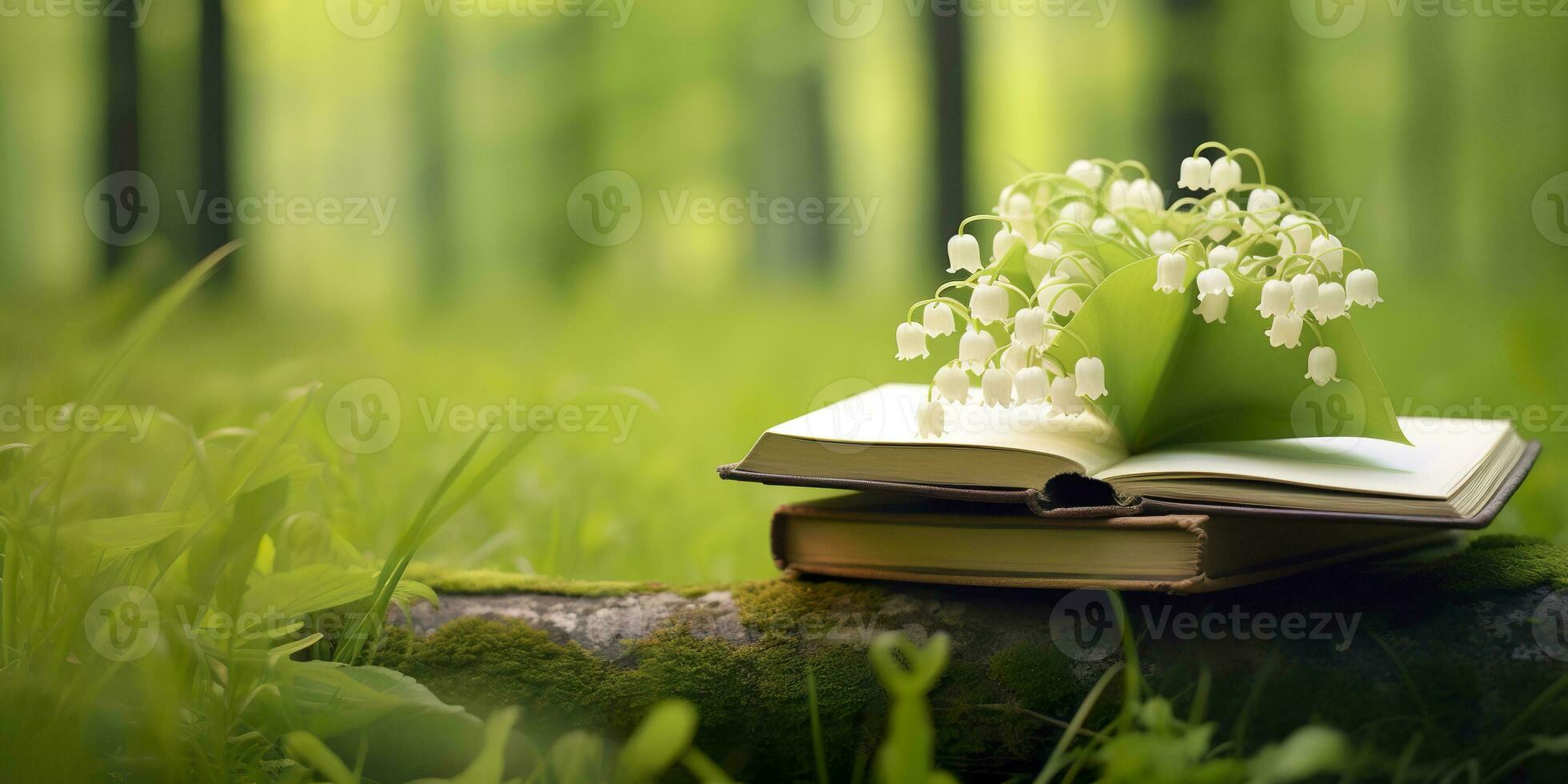 ai generado lirio de el Valle flores y antiguo libros en el bosque, verde natural antecedentes. ai generado foto