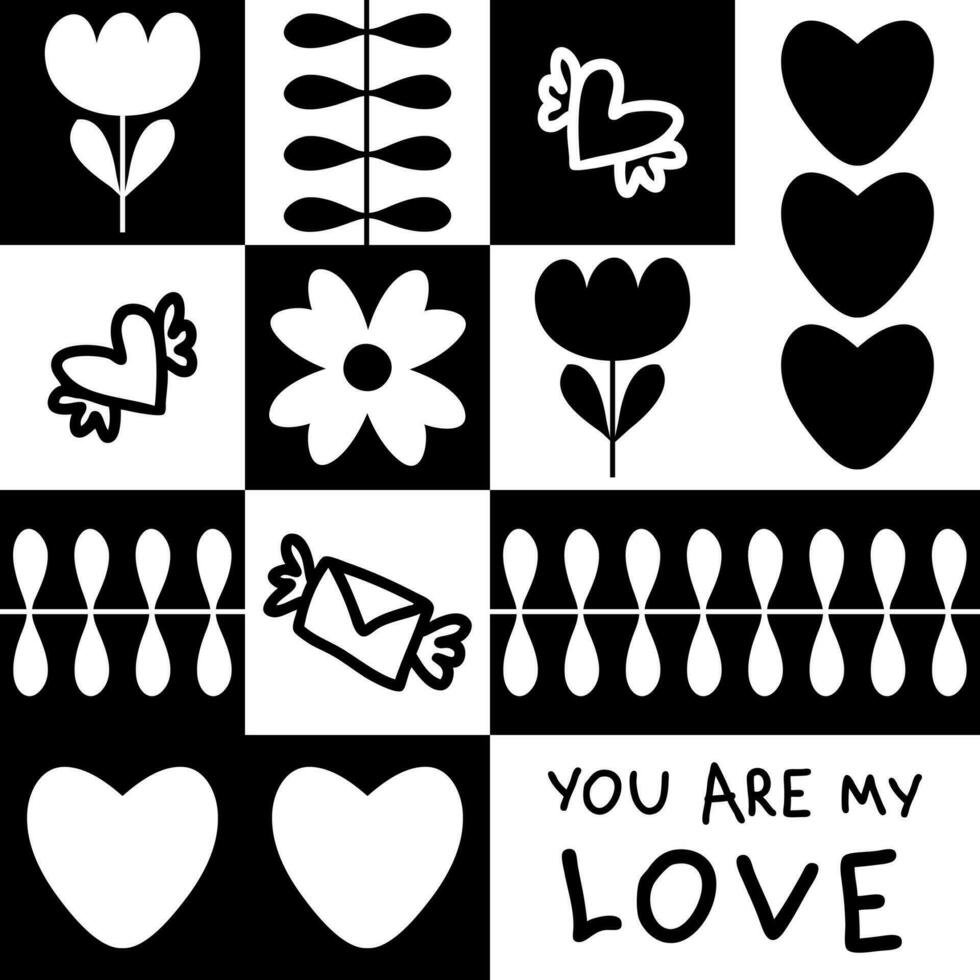 Monochrome seamless pattern with tulip flowers, hearts and text. Checkered print for tee, paper, fabric, textile. Retro style vector illustration for decor and design.