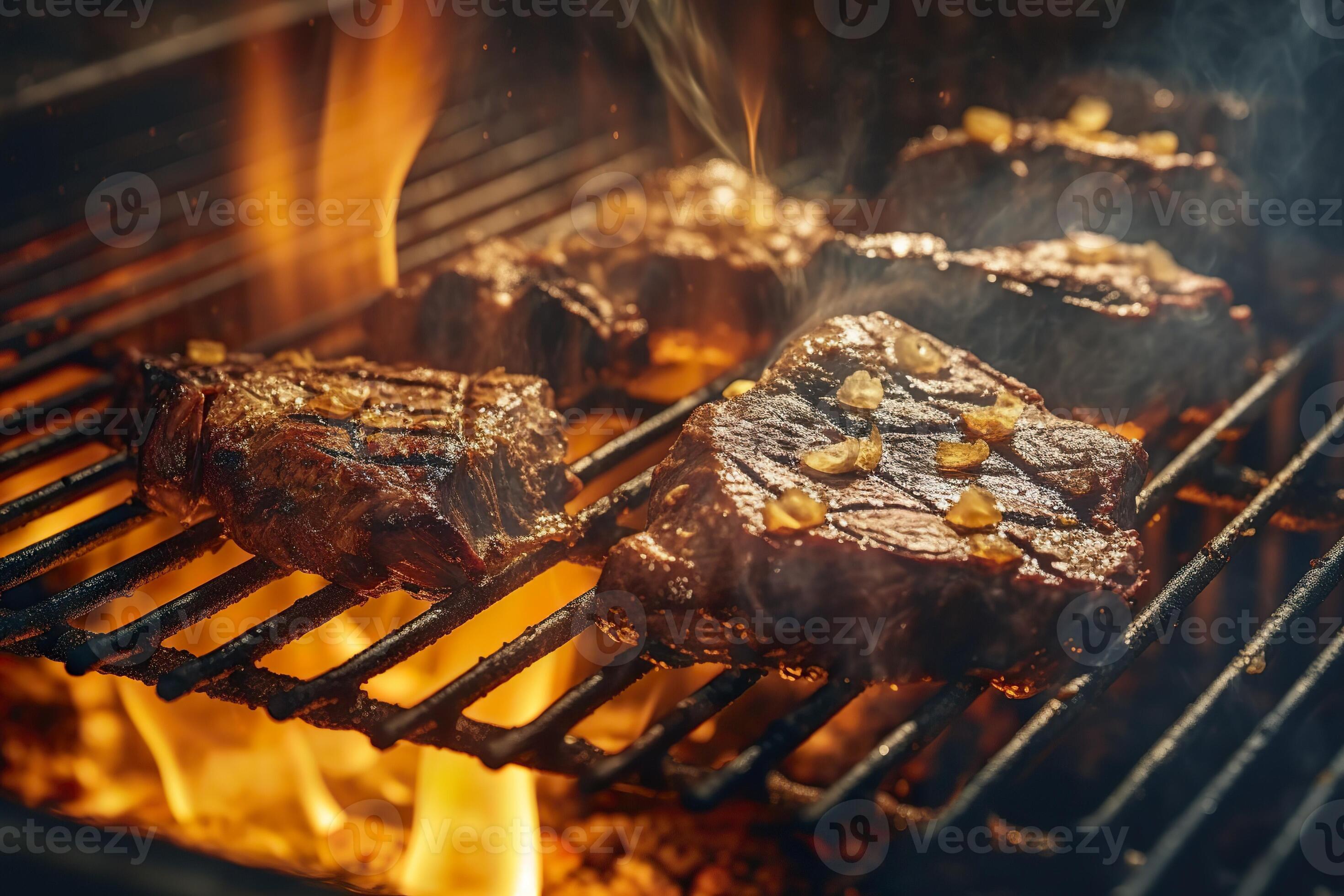 AI generated Meat grilling on a charcoal grill with smoke rising. AI