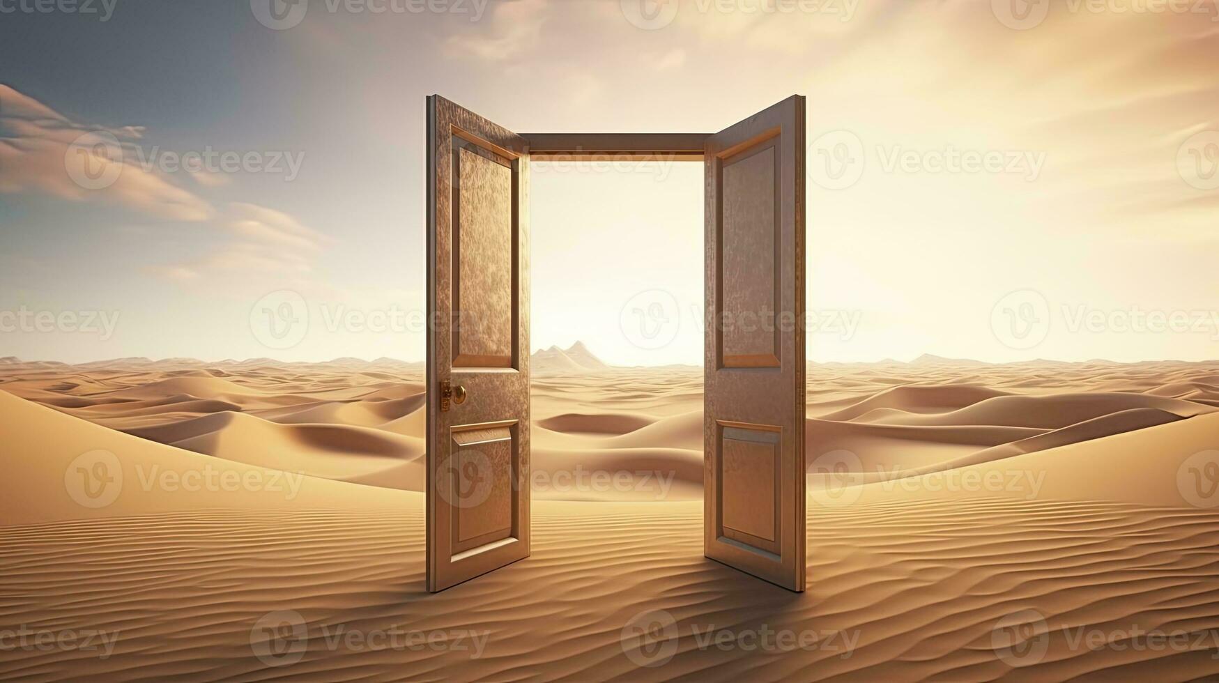 ai generado el abrió puerta en el desierto. desconocido y comienzo arriba concepto. ai generado. foto