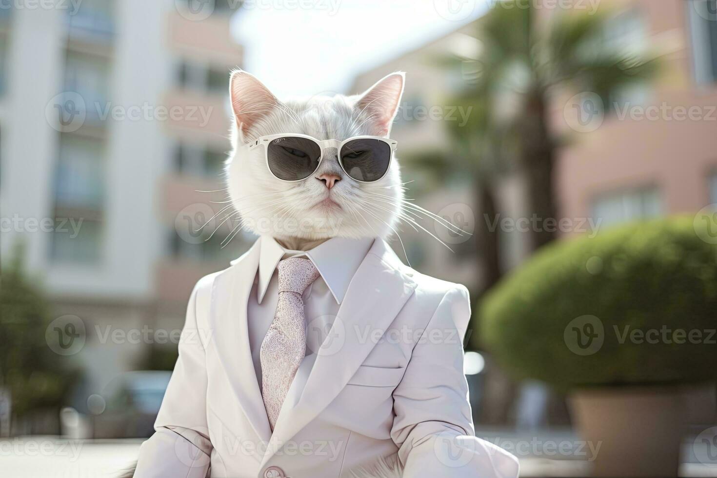 AI generated A cat is wearing sunglasses, suit and standing on street. AI Generated photo