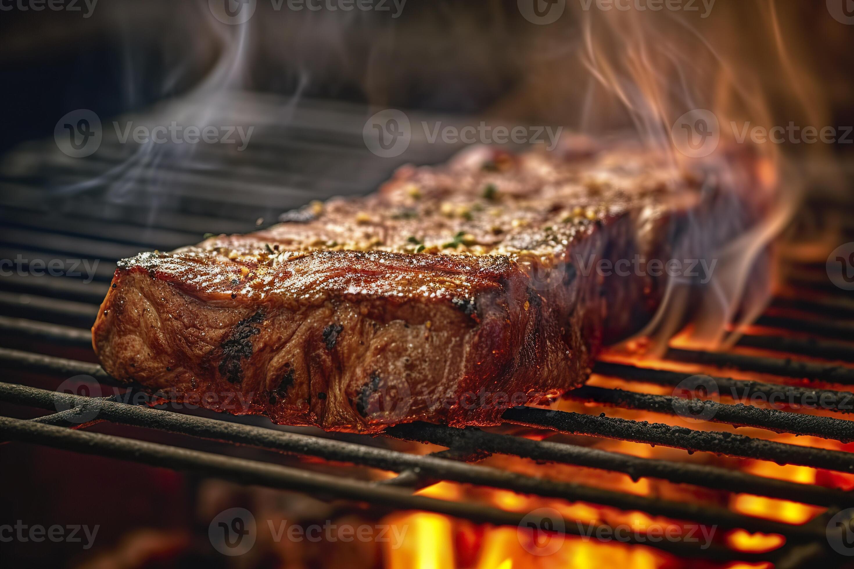 AI generated Meat grilling on a charcoal grill with smoke rising. AI