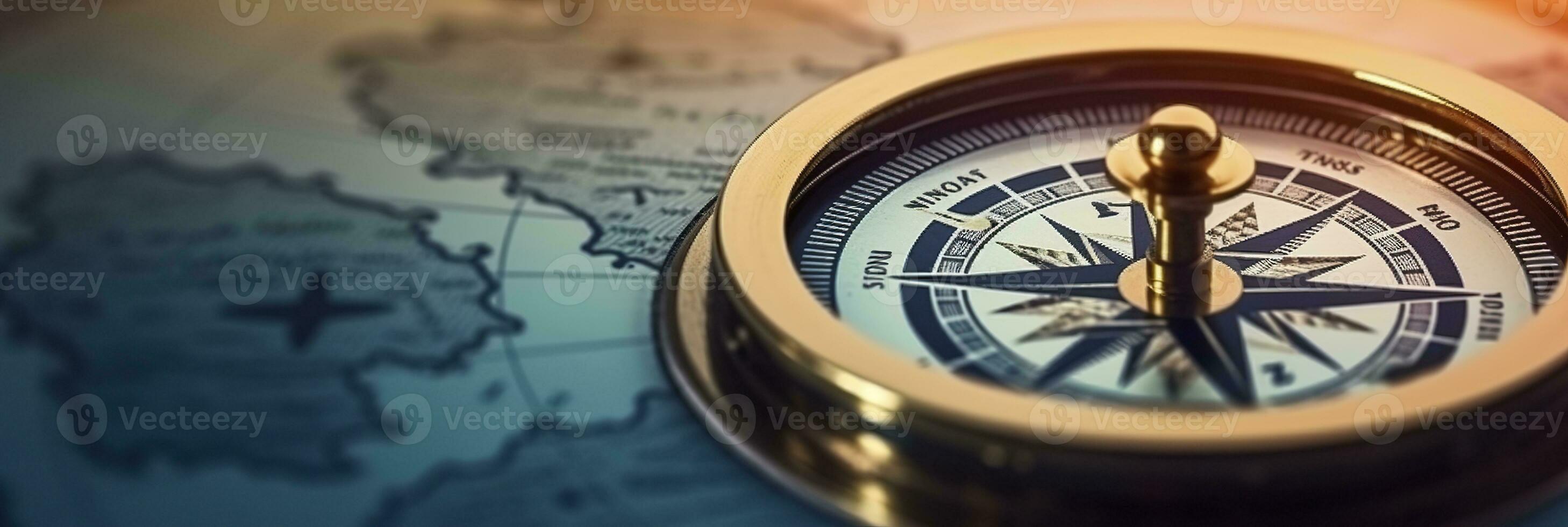 AI generated Magnetic compass and location marking with a pin on routes on world map. AI Generated photo