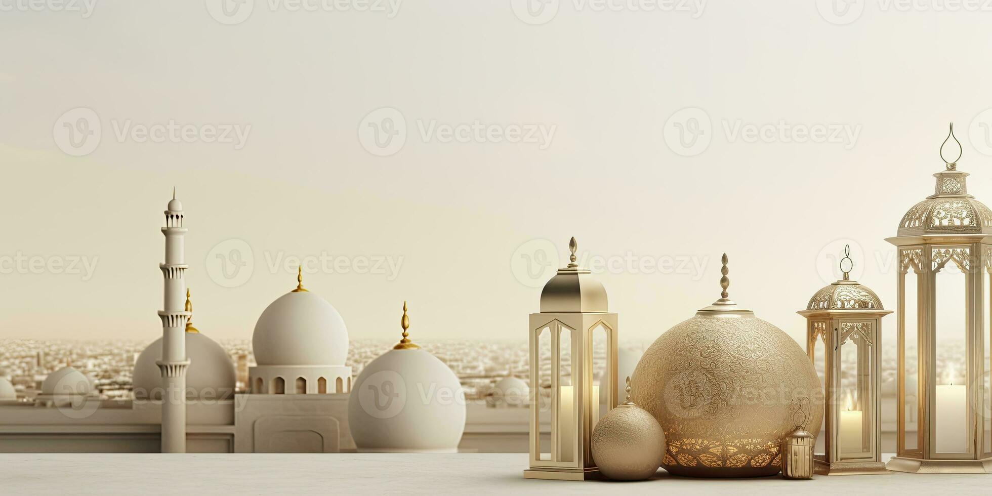AI generated Celebration of islamic eid mubarak and eid al adha lantern in a light background. AI Generated photo