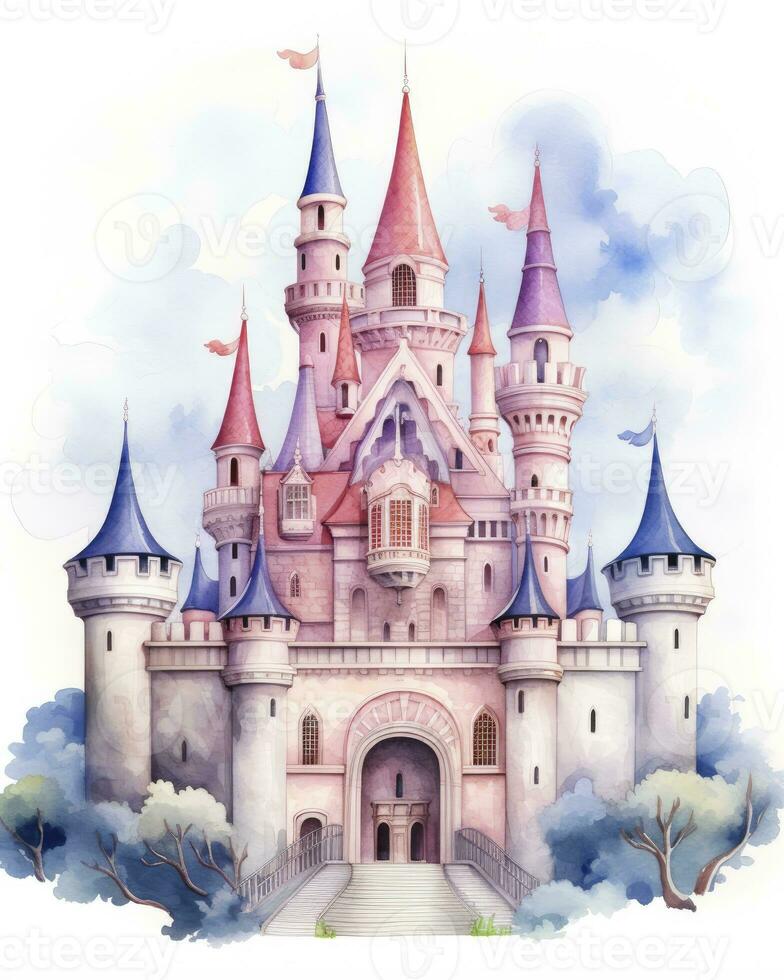 AI generated Colorful watercolor kawaii castle isolated on white background. AI Generated photo
