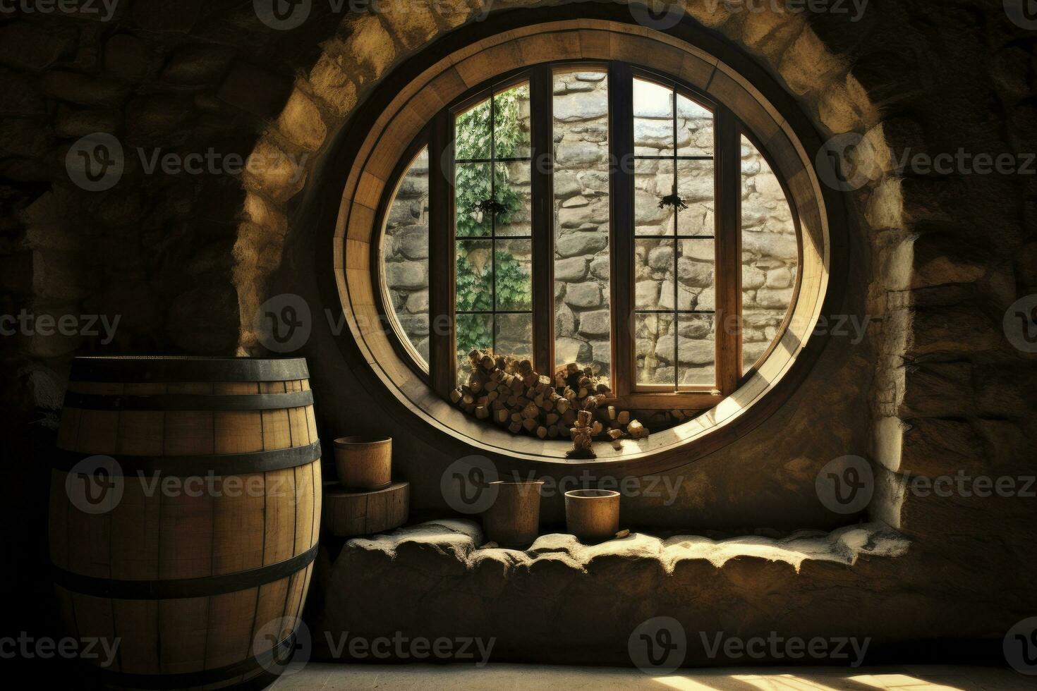 AI generated Barrel in an ancient castle beside the window. AI Generated photo