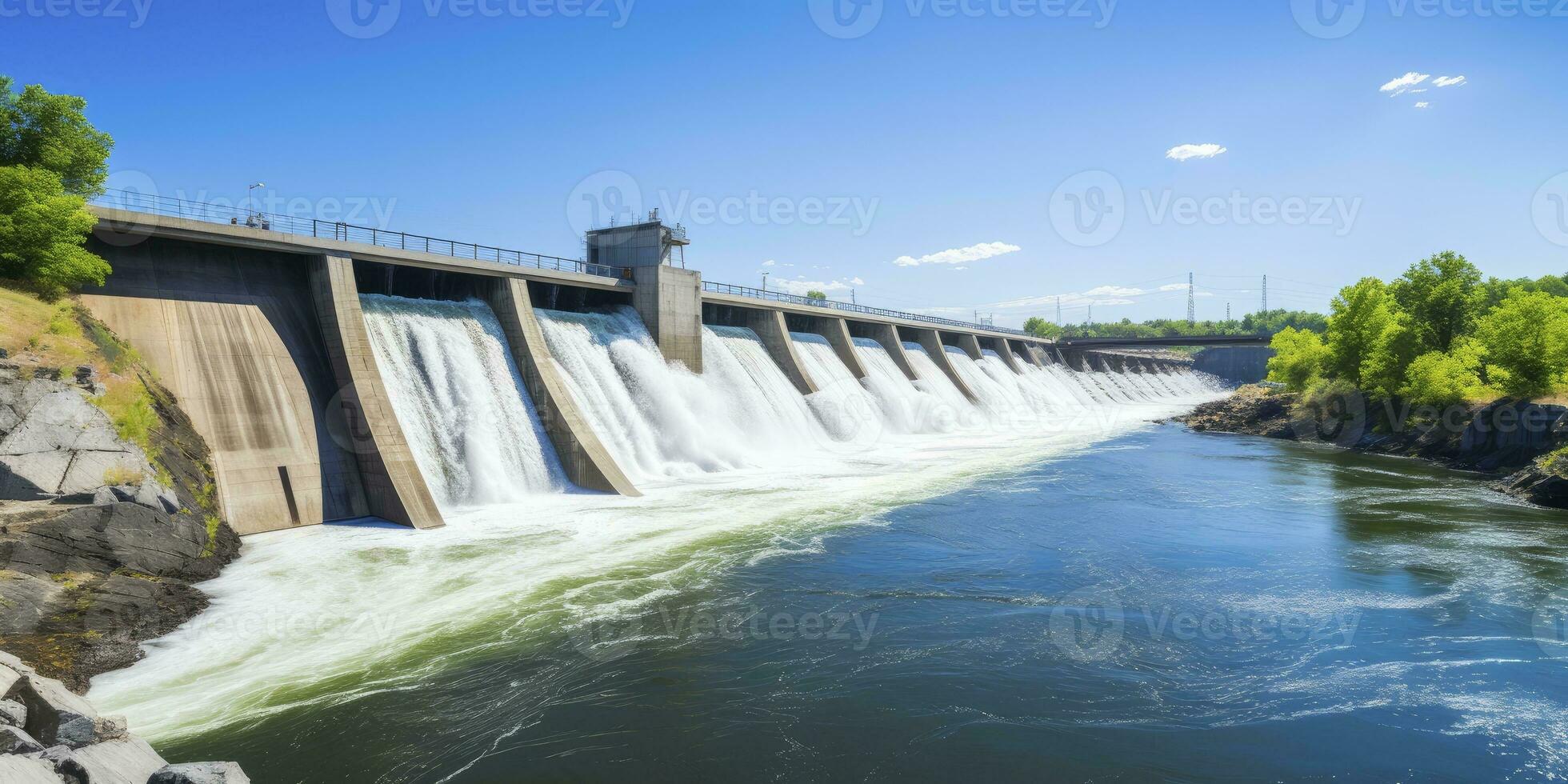 AI generated Hydroelectric dam generating green energy from flowing water.   AI Generated. photo