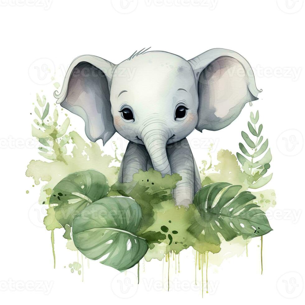 AI generated Happy cute baby elephant in green leaves in the watercolor style. AI Generated photo