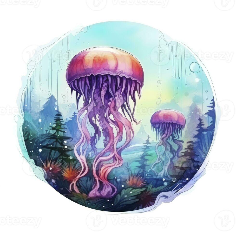 AI generated Jellyfish in an underwater landscape in a circle. AI Generated photo