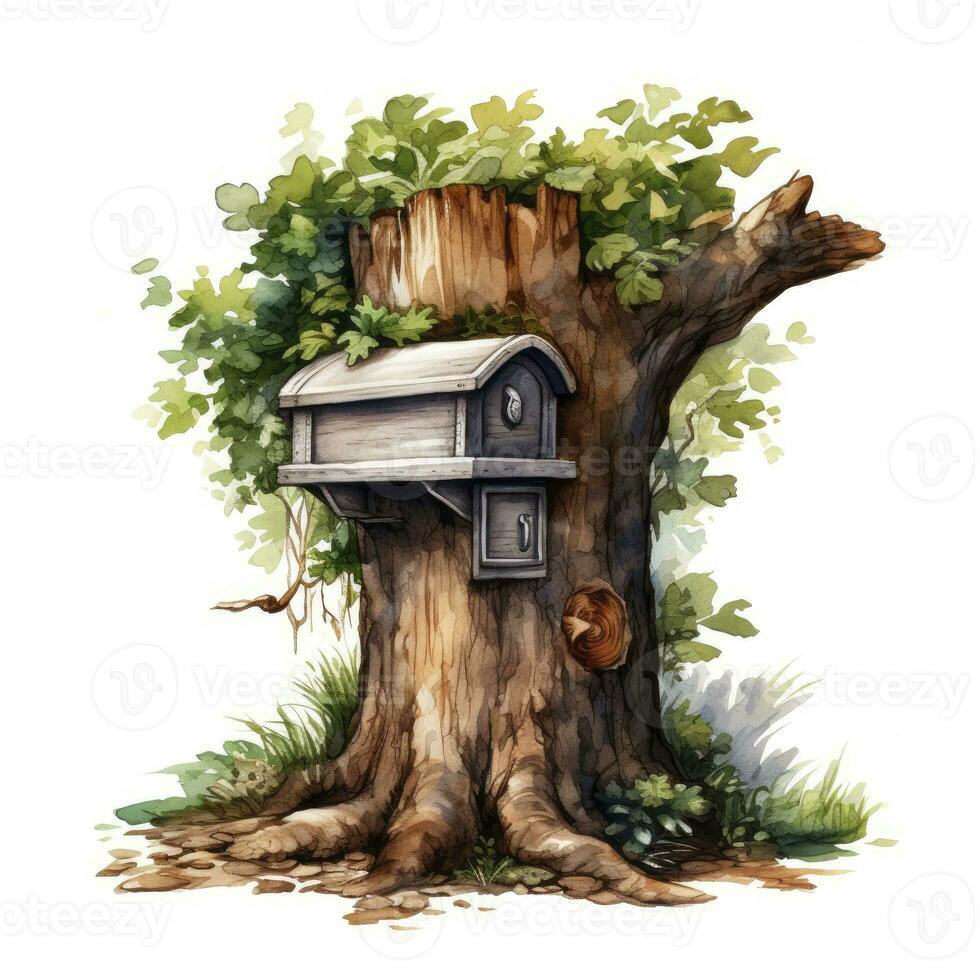 AI generated Watercolor mailbox in a tree on a white background. AI Generated photo