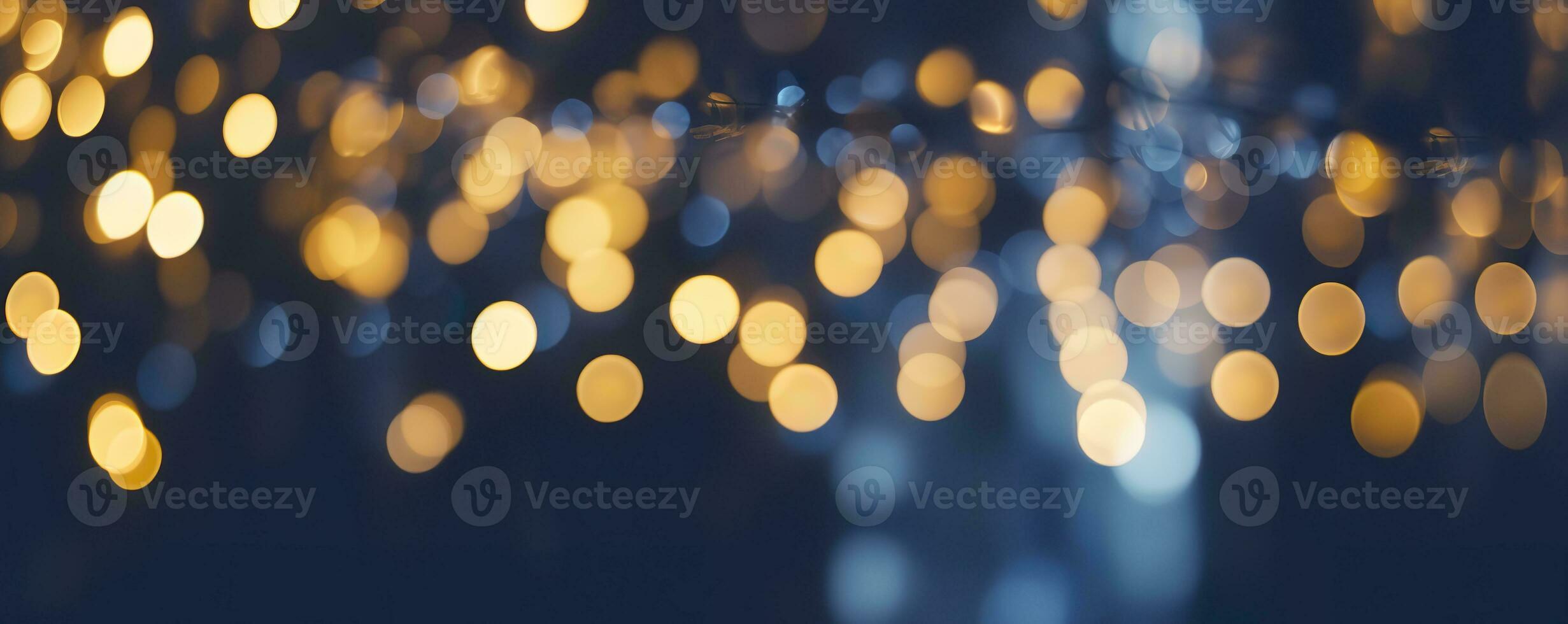 AI generated holiday illumination and decoration concept, Christmas garland bokeh lights over dark blue background. AI Generated photo