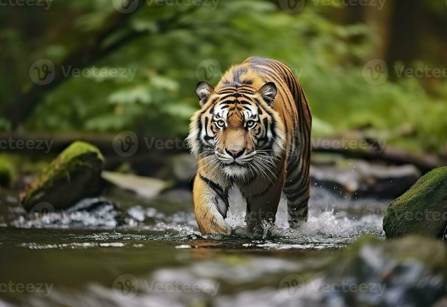 AI generated Amur tiger walking in the water. Dangerous animal.  Animal in a green forest stream. Generative AI photo