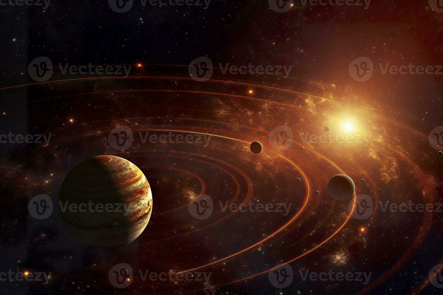 AI generated Our 3d Solar system with planets in orbits path. AI Generative photo