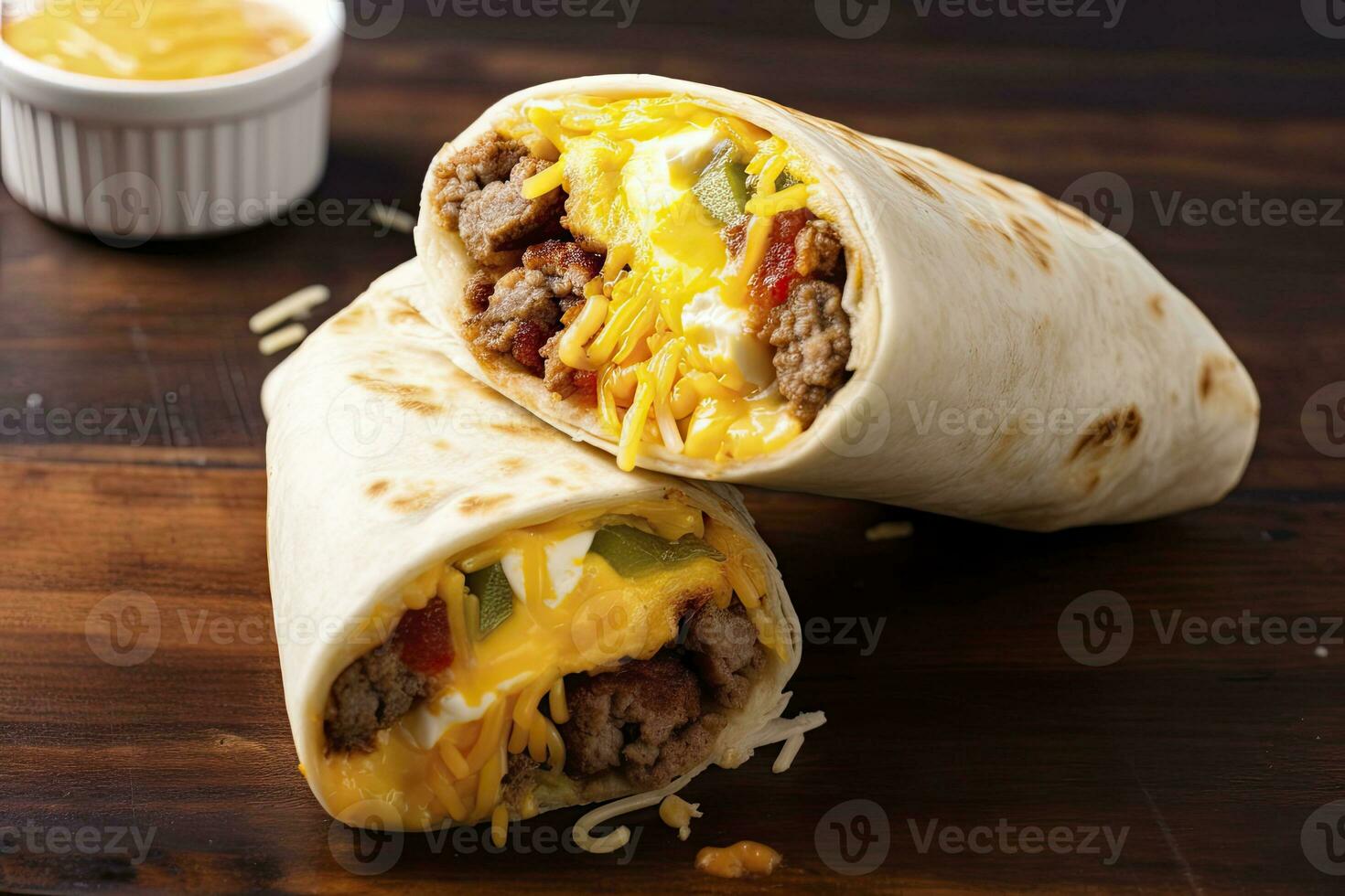 AI generated Breakfast burrito with sausage, eggs, hashbrown and cheese. AI Generated photo