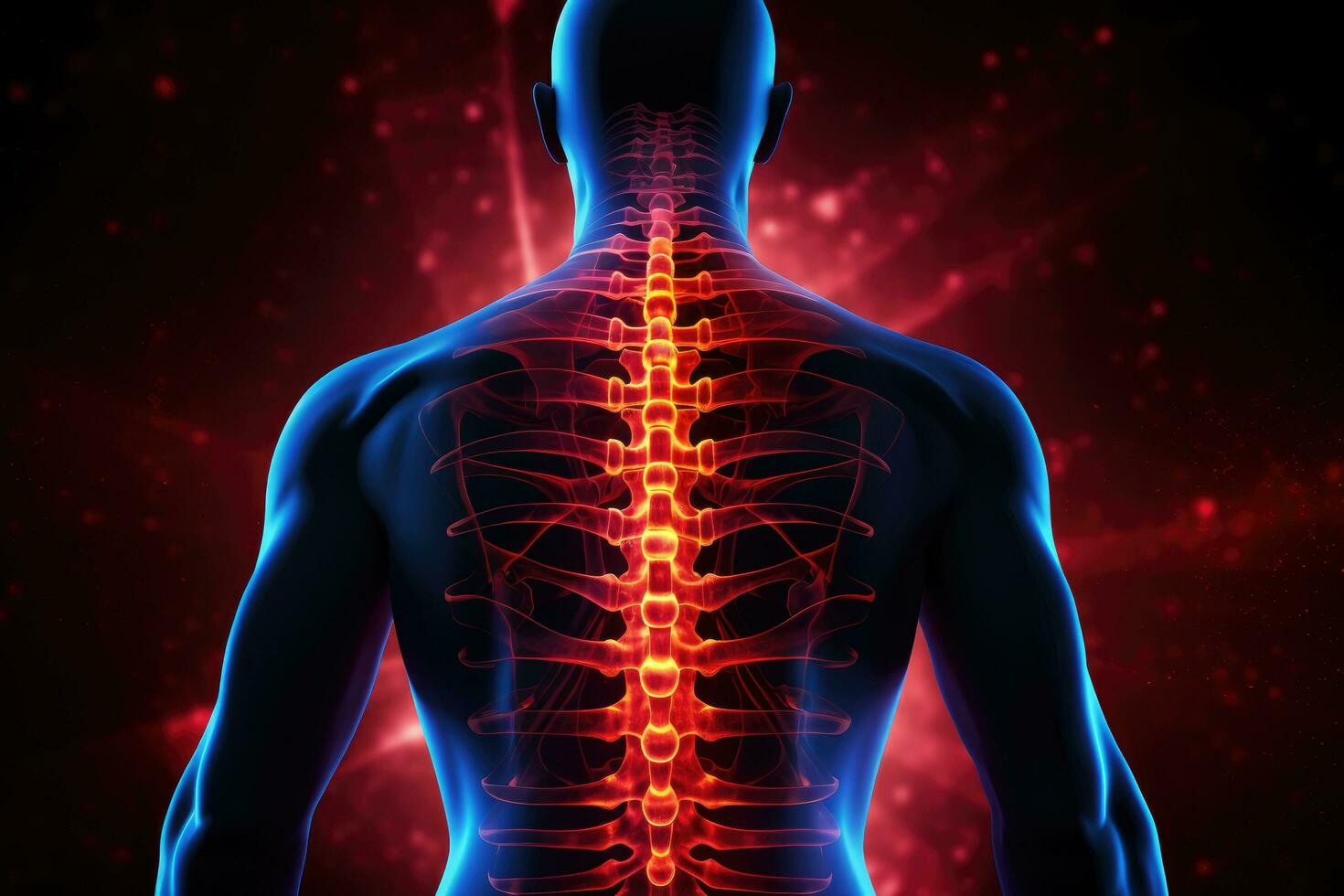 ai generado humano cuerpo con destacado espina en radiografía imagen en oscuro fondo, destacado inferior espalda dolor mostrado con un rojo holográfico columna vertebral, ai generado foto
