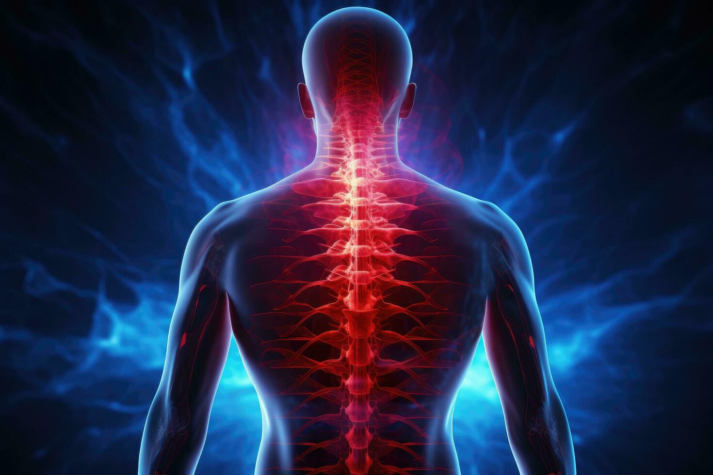 AI generated Human body with highlighted rib cage - x-ray image. 3D rendering, Highlighted lower back pain shown with a red holographic spine, AI Generated photo