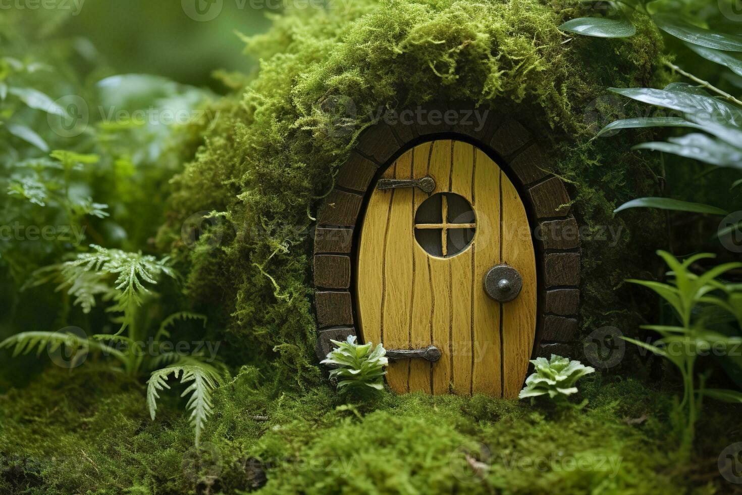 AI generated Little magic wooden fairy doors and plants leave on a mossy natural green background. AI Generated photo